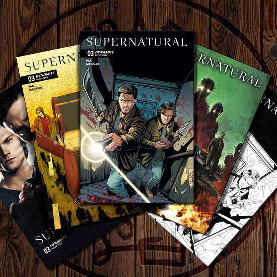 Supernatural comic books on a wooden surface