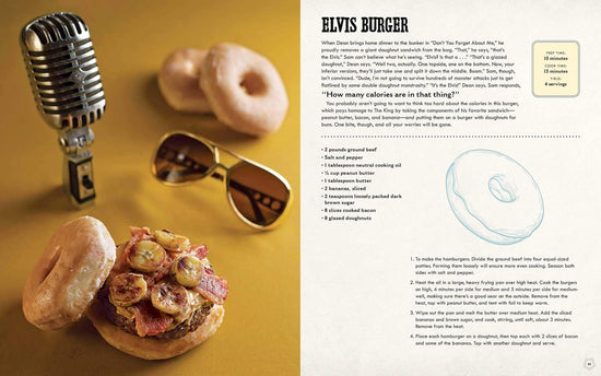A two-page spread from the book. On the left is a a cheeseburger between two donuts, topped with bananas and bacon, on a yellow background. Next to the burger are a microphone, a pair of gold-rimmed sunglasses, and two donuts. On the right is a recipe for the Elvis Burger.