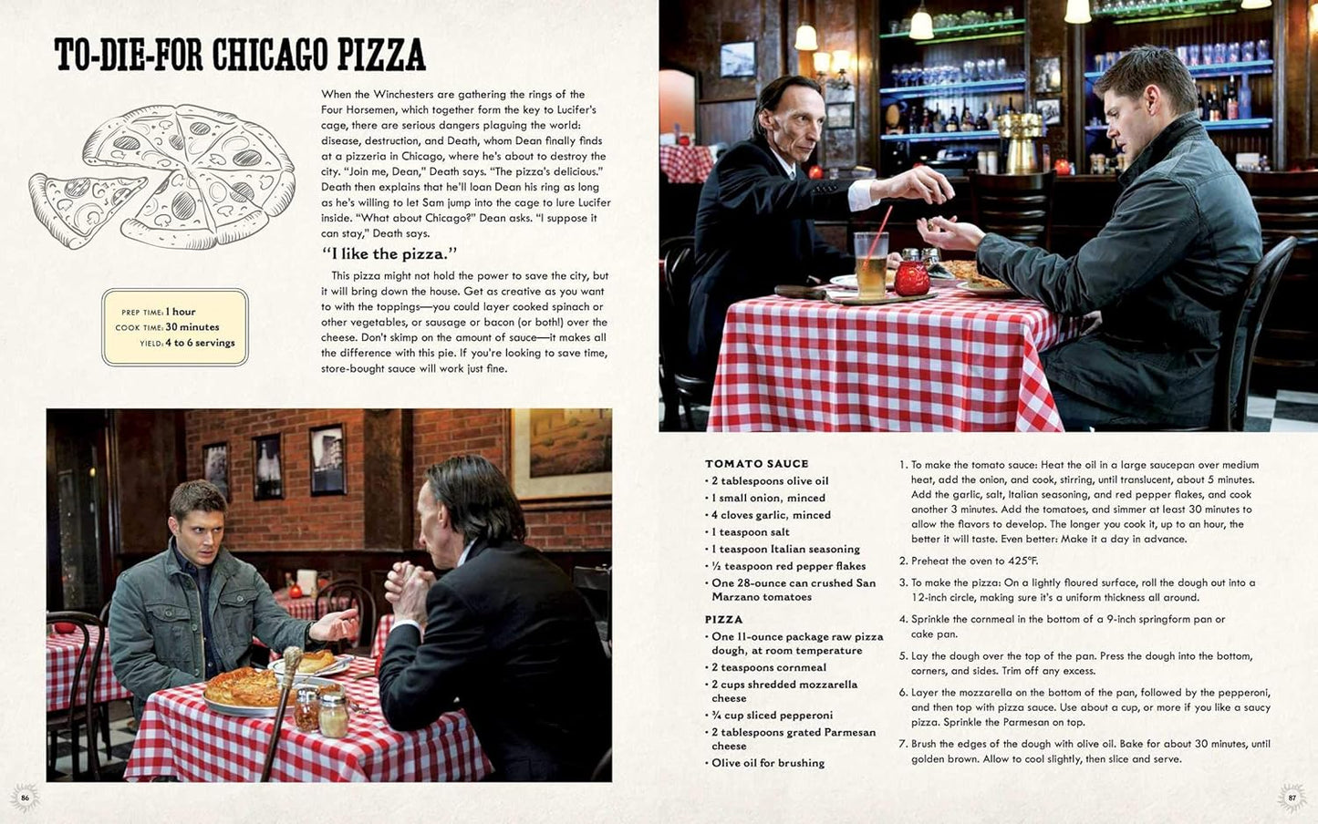 A two-page spread from the book. A recipe for to-die-for chicago pizza is written across both pages. At the top right corner and bottom left corner are two images of Dean Winchester sitting at a table with Death.