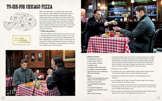 A two-page spread from the book. A recipe for to-die-for chicago pizza is written across both pages. At the top right corner and bottom left corner are two images of Dean Winchester sitting at a table with Death.