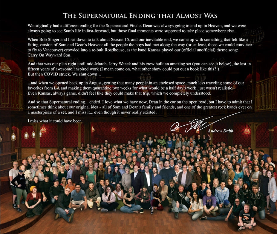 An image of the behind the scenes crew of the TV series Supernatural, crowded together in a hall. Across the top half is an essay in white text describing an alternate ending for the series that was considered.