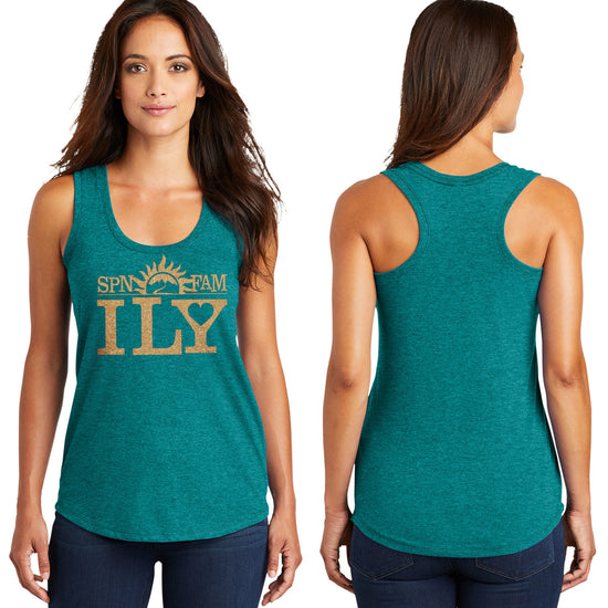 Front and back image of a female model in a teal tank top. On the front is gold text that says SPN FamILY