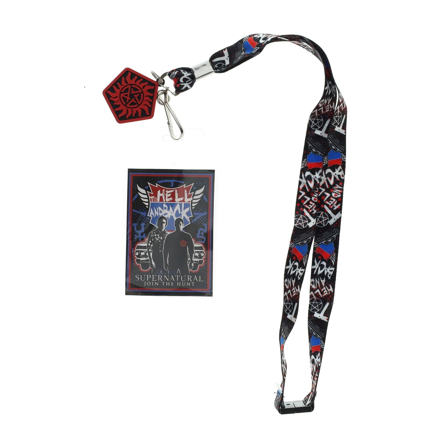 A lanyard with an anti-possession charm in red and black attached to the end. The lanyard features "to hell and back" in white text. Next to the lanyard is a badge featuring Sam and Dean Winchester. A red and blue road symbol at the top has white text saying to hell and back.