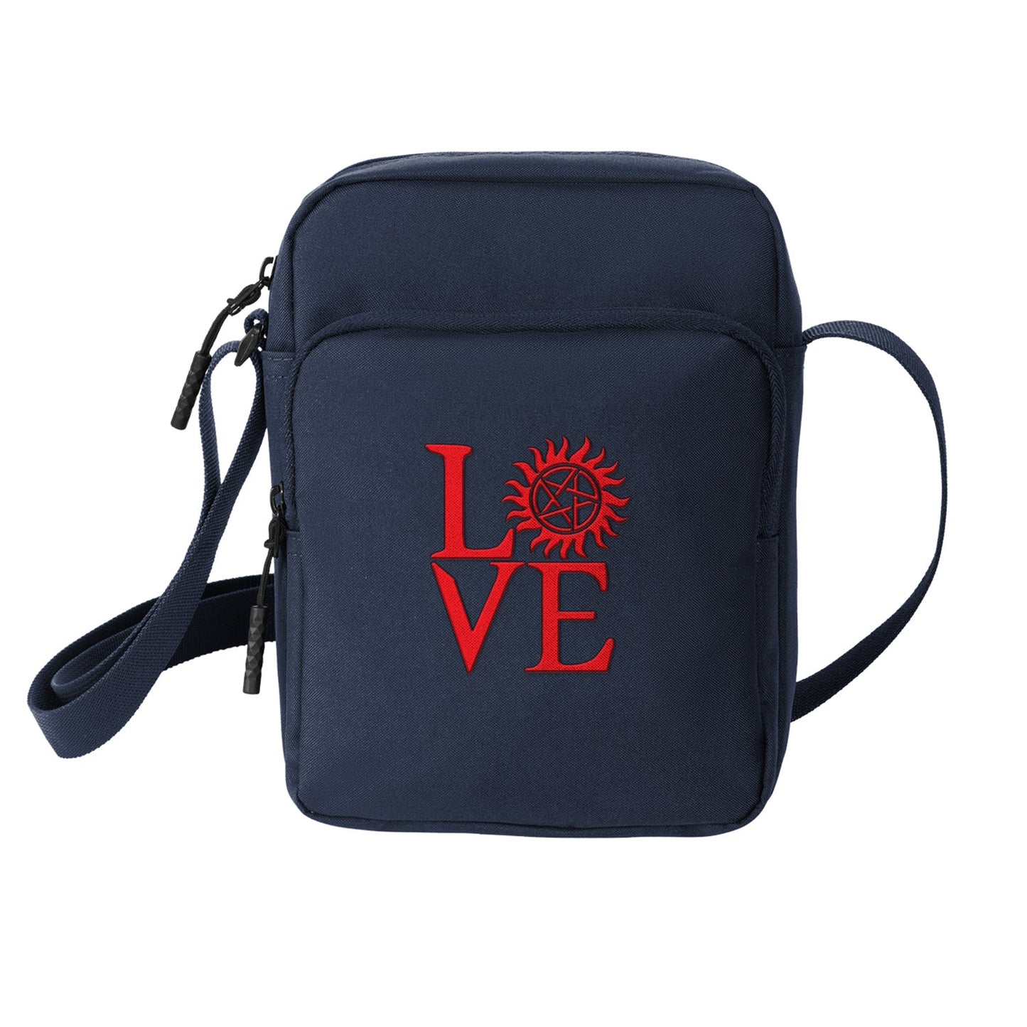 A dark blue cross-body bag against a white background. On the front is red text saying "love," with the "O" replaced by the anti-possession symbol.