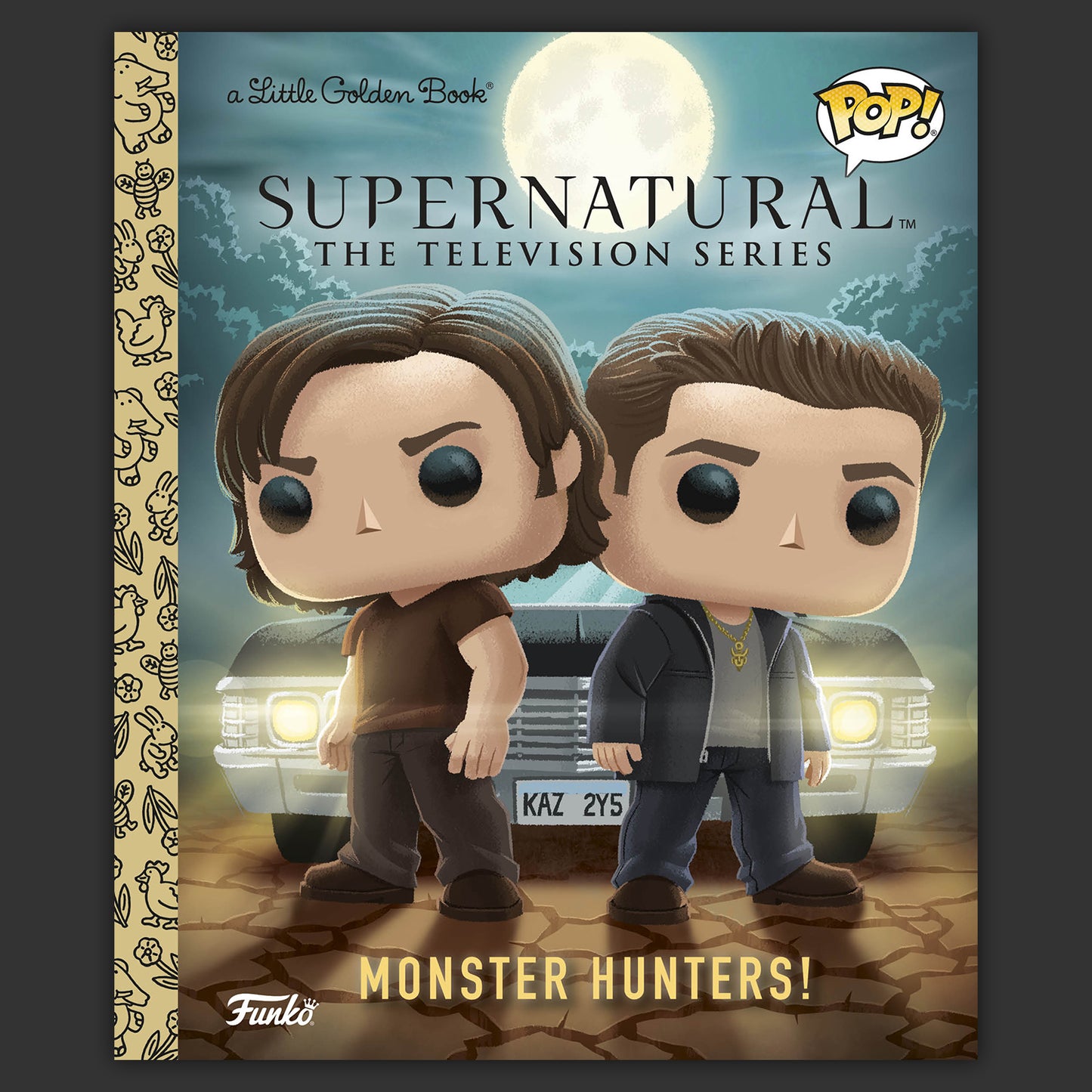Supernatural-themed Funko Pop! book cover with two characters in front of a car.