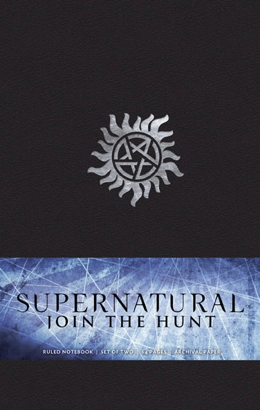 A small journal with a black cover. The cover features the Anti-Possession symbol in silver. Across the bottom is a blue and white banner with black text that says "Supernatural: join the hunt."