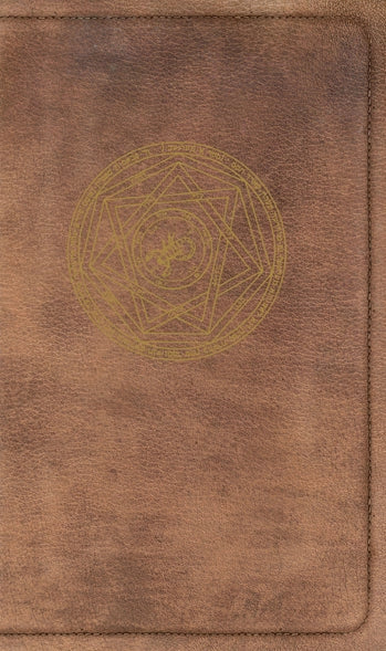 A small journal with a brown leathery cover. At the top of the cover is the Devil's Trap depicted in yellow.