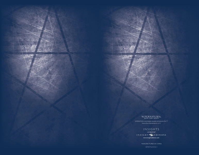 A blue image and white depicting portions of a pentagram in dark blue lines.