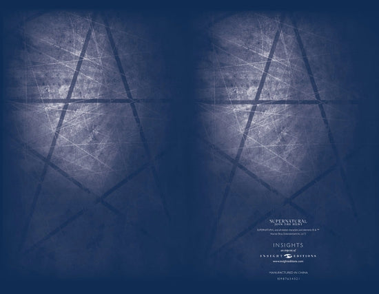 A blue image and white depicting portions of a pentagram in dark blue lines.