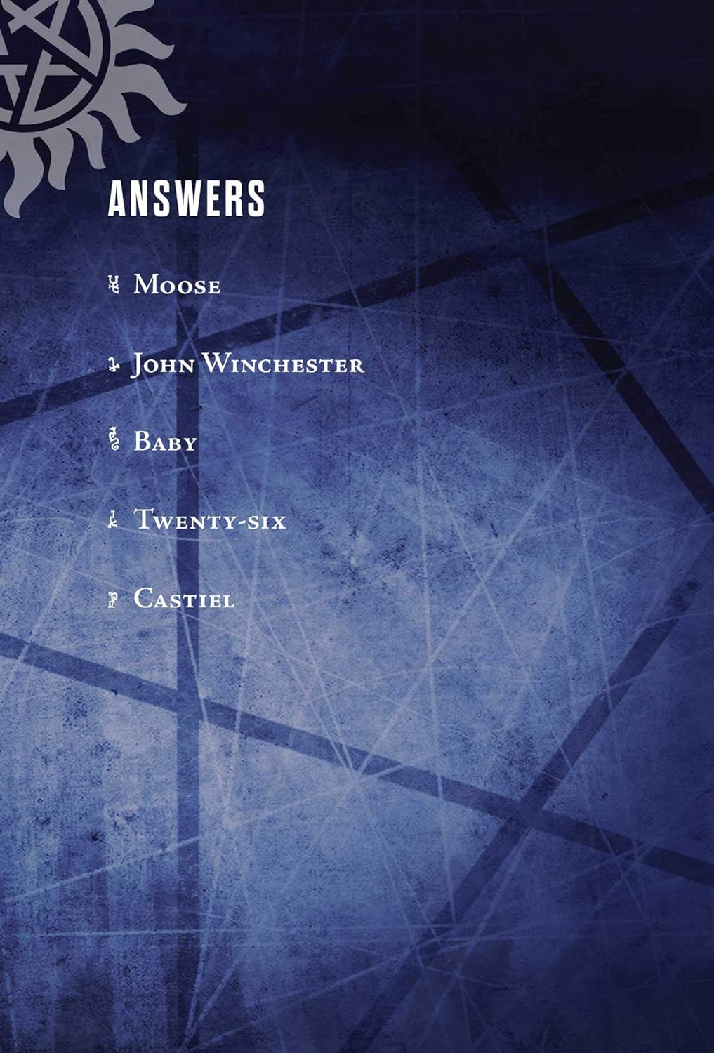 Load image into Gallery viewer, A black and blue card with a light blue anti-posession symbol in the background. At the top left is a pentagram with Enochian symbols. In the center are answers to Supernatural trivia questions in white text.
