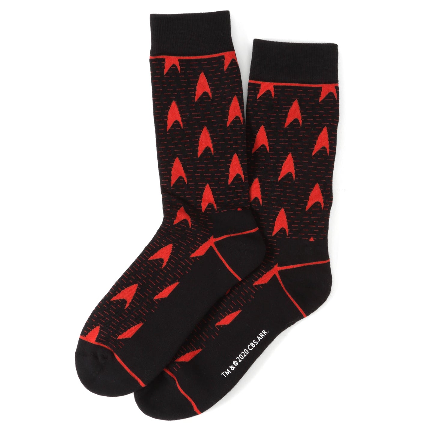 Black socks with a red Star Trek delta logo pattern.