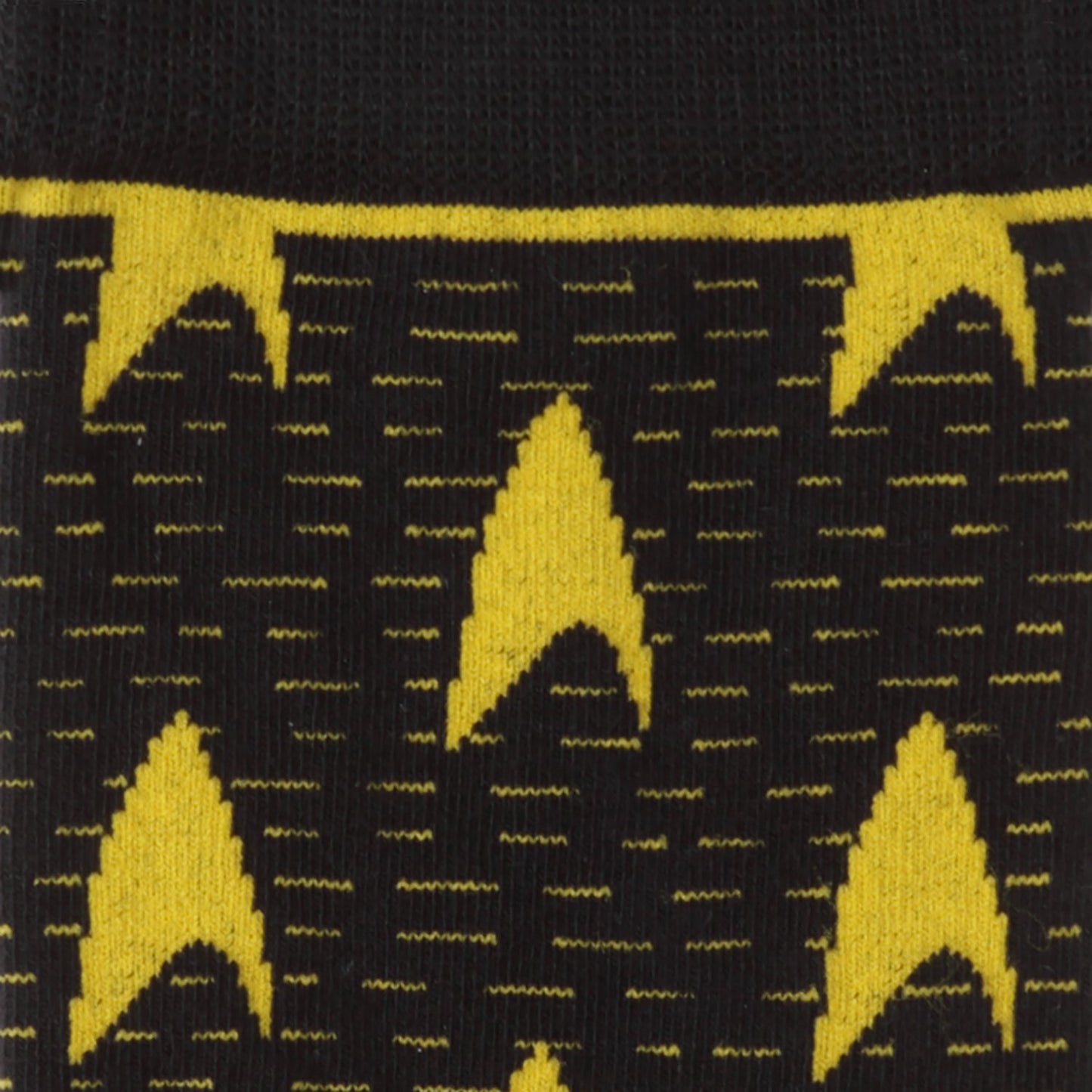 Black socks with a yellow Star Trek delta logo pattern.