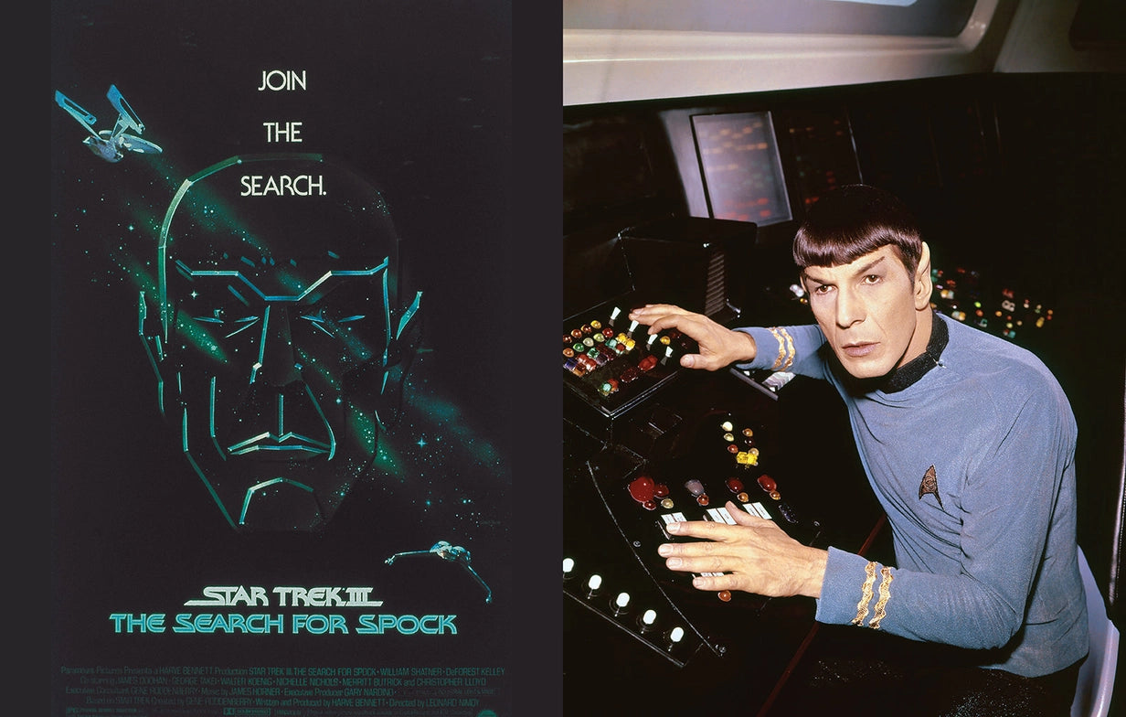 A two-page spread from the poster book. On the left is the official movie poster from the film Star Trek III: The Search For Spock. The USS Enterprise faces off against a Klingon warship in space, with a depiction of Mr. Spock's face in the center. The film's title is at the bottom in white and blue text. On the right is an image of Mr. Spock at his station on the bridge of the USS Enterprise, wearing his blue science shirt.