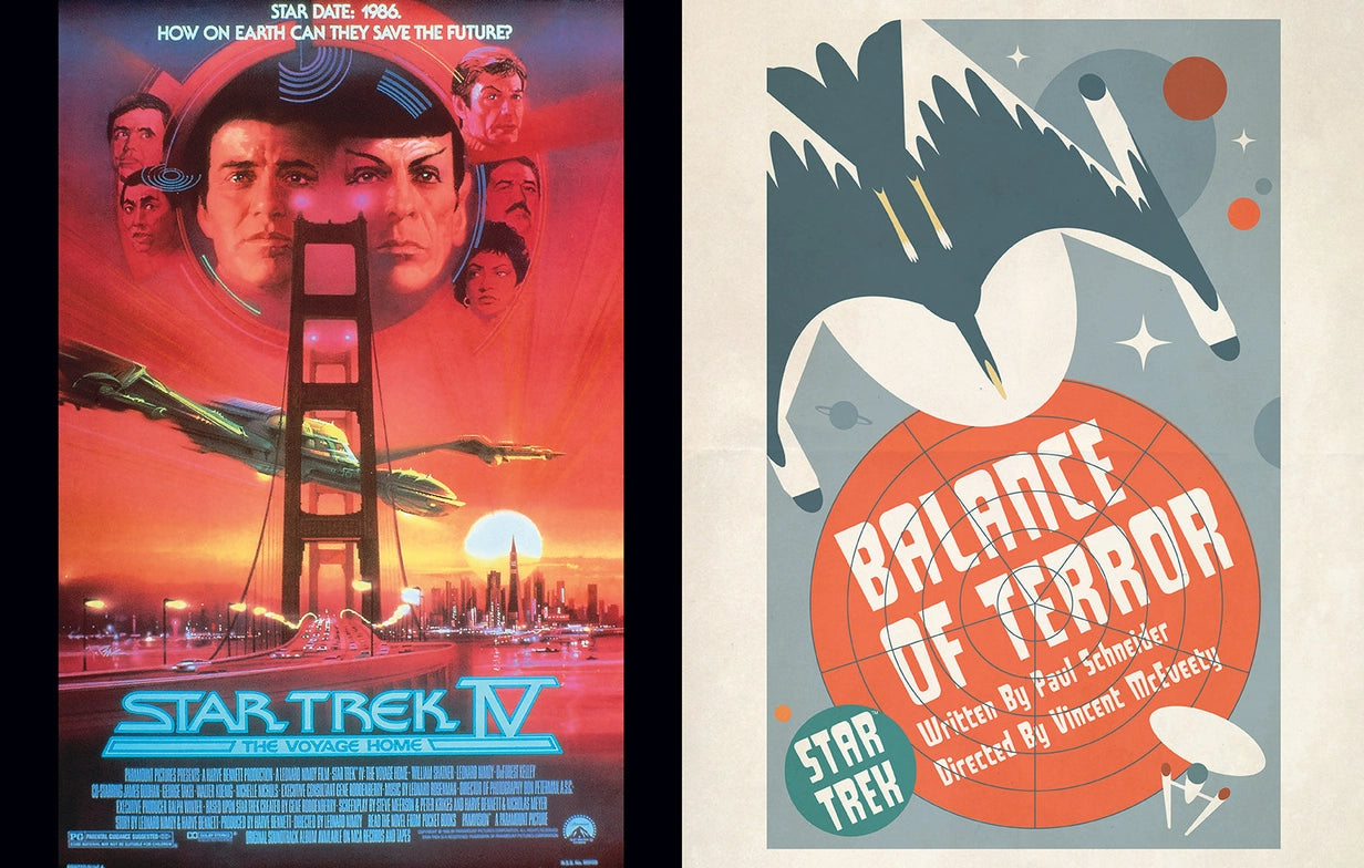 A two-page spread from the poster book. On the left is the official movie poster from the film Start Trek IV: The Voyage Home, which depicts a Klingon warship slying over San Francisco's Golden Gate Bridge. At the top are the faces of the seven main characters. On the right is a vintage 60s-style poster depicting the original series episode "Balance of Power." A cartoon drawing of a bird of prey streaks toward the USS enterprise. An orange circle in the middle has white text with the episode's title.