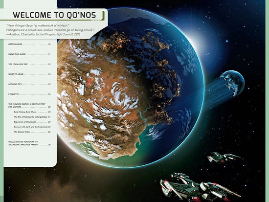 A two-page spread from the guide book. In the center is a planet in space, with a broken moon next to it. On the left is a light green column with the table of contents. Above the column is black text welcoming the reader to the Klingon home world.