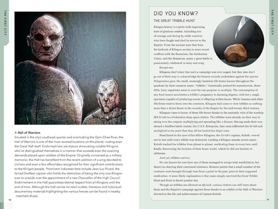 A two-page spread from the guide book. On the left is a drawing of statues depicting heroes of the Klingon Empire. Under the drawing is black text describing the Hall of Warriors. On the right is black text describing The Great Tribble Hunt, with an image of a furry creature.