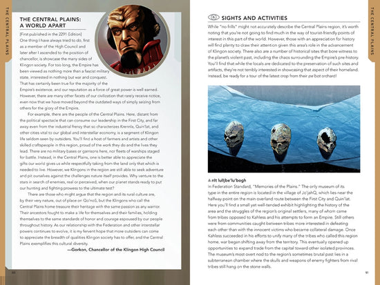 A two-page spread from the guide book. On the left is text describing The Central Plains, as told by Gorkon, Chancellor of the Klingon High Council. On the right is text describing sights and activities for visitors, with a picture of three broken skulls on a blue background