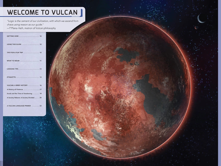 A two-page spread from the guide book. In the center is a planet in space, with two small moons orbiting it. On the left is a light purple column with the table of contents. Above the column is black text welcoming the reader to the Vulcan home world.