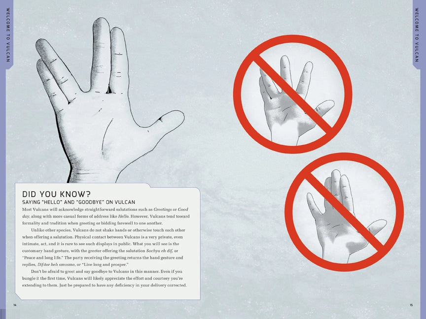 A two-page spread from the guide book. The pages demonstrate the proper way to form your hands into the Vulcan Salute, along with two examples in red crossed circles of how it is frequently done wrong. At the bottom is black text describing how to say hello and goodbye on Vulcan.