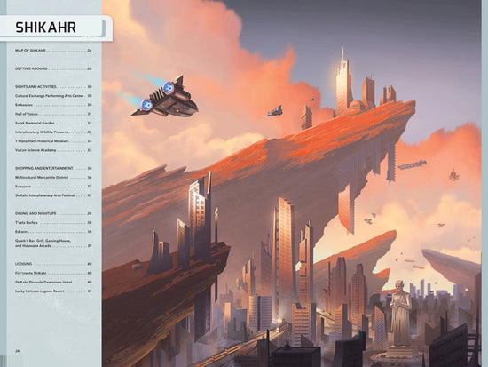 A two-page spread from the guide book. On the left side is a light grey column with the table of contents for the section of the book. At the top is black text giving the name of the area, Shikahr. Across the pages is a drawing of an alien city in a desert, with buildings set on top and below rocky outcroppings. Spaceships fly through the reddish clouds in the sky.