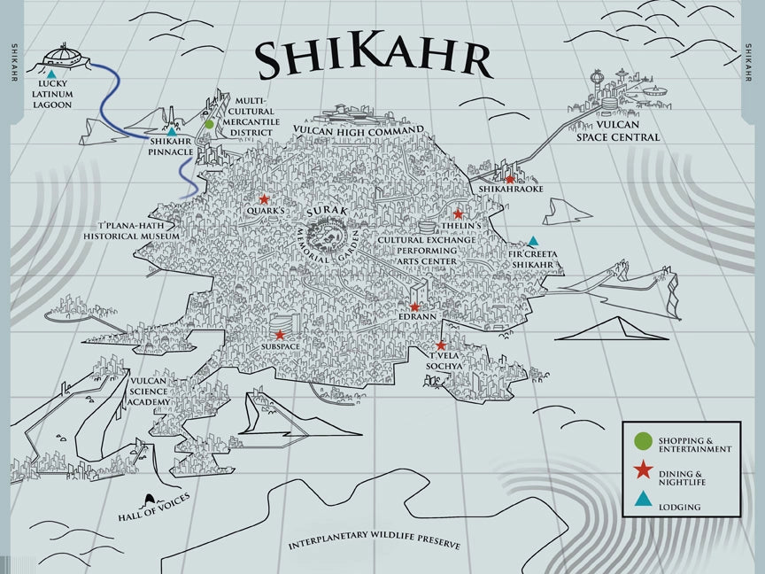 A two-page spread from the book. Across the pages is a hand-drawn map of ShiKahr, with text listing major places to visit.