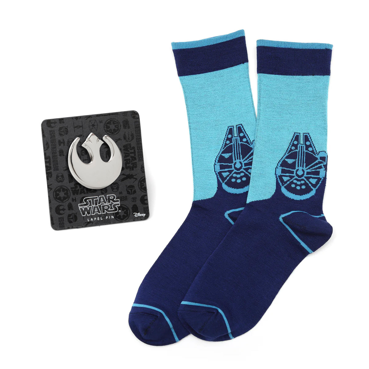 Blue socks with Millennium Falcon design and Rebel Alliance logo label pin on a white background