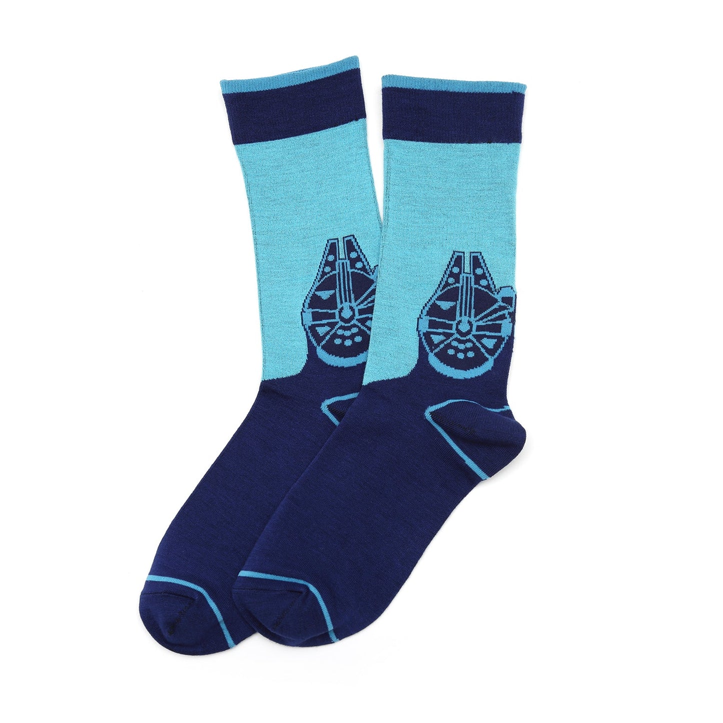 Pair of blue socks with a Millennium Falcon design on a white background