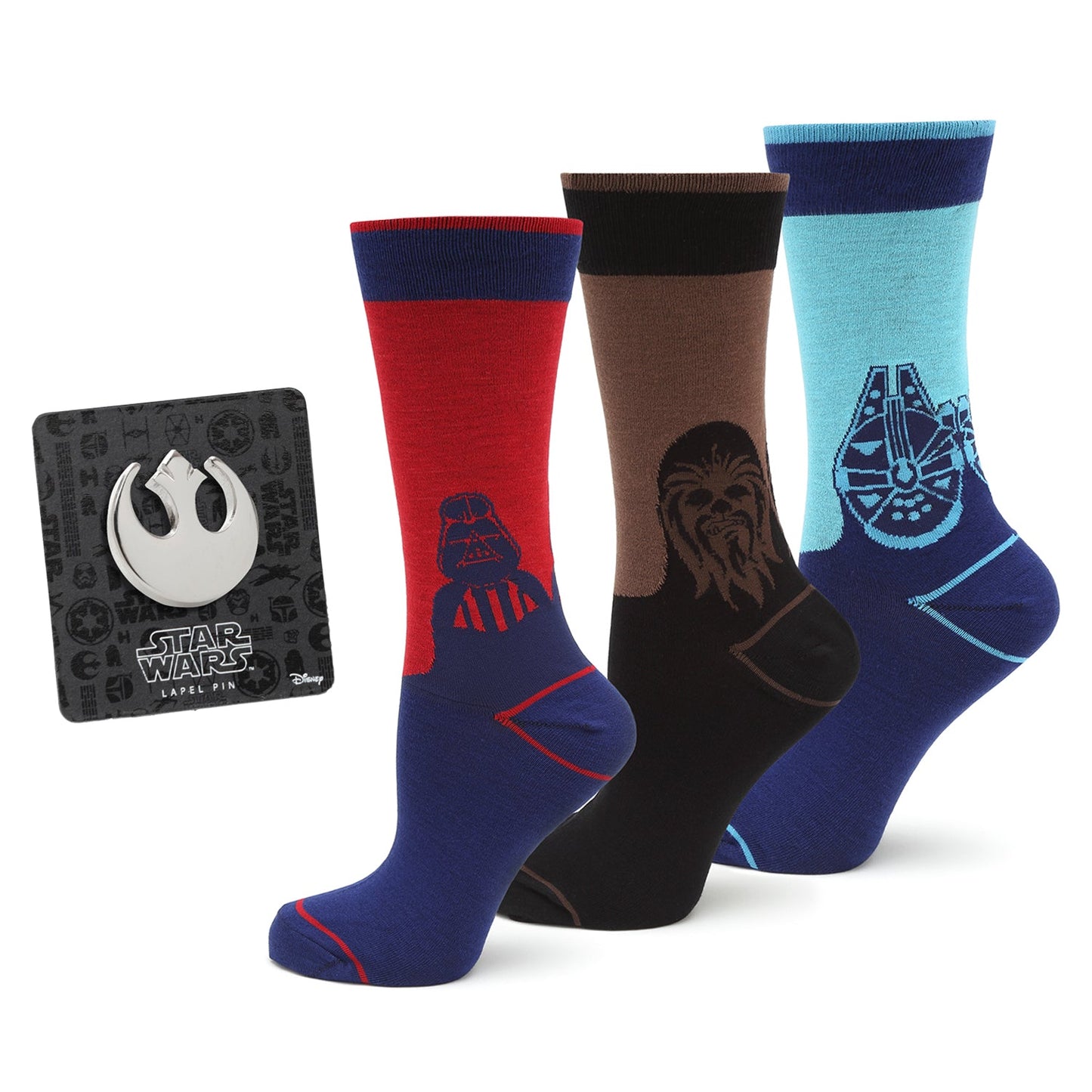 Set of Star Wars-themed socks with character designs on a white background. Next to the socks is a silver lapel pin depicting the Rebel Alliance symbol