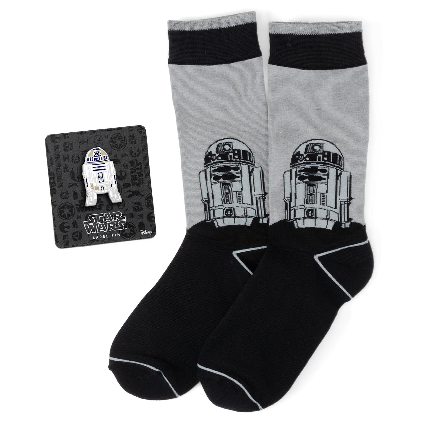 Gray socks with R2-D2 design and matching lapel pin on a white background