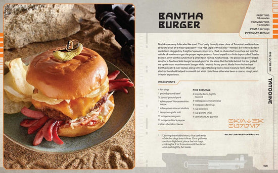 A two-page spread from the book. On the left is a cheeseburger on a place, with cole slaw and other fixings under the bun. On the right is a recipe for Bantha Burgers.