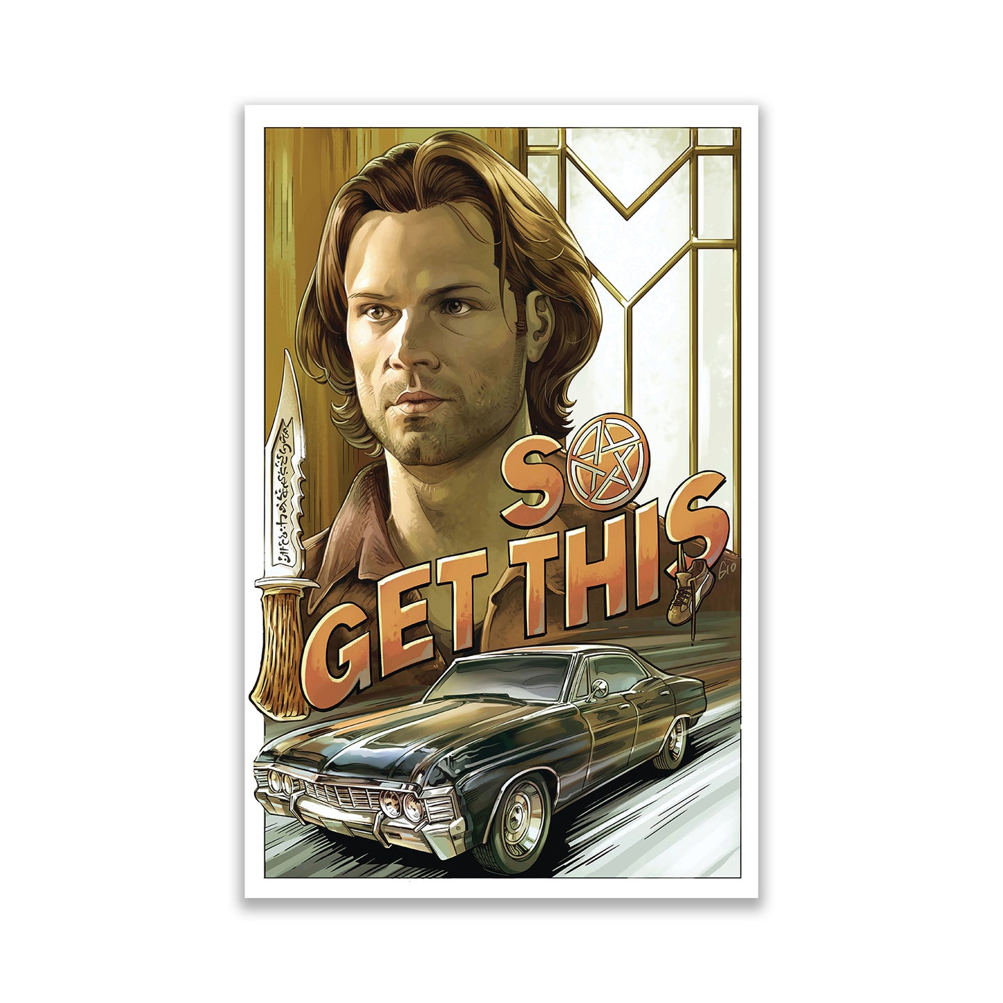 A drawing of Sam Winchester's face. Under the face is a 1967 Chevy Impala, with orand text above it saying "so get this." The O in the text contains the anti-possession symbol.