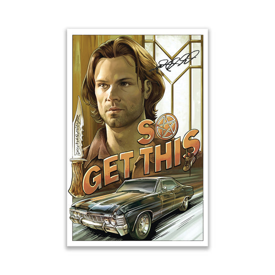 A drawing of Sam Winchester's face. Under the face is a 1967 Chevy Impala, with orand text above it saying "so get this." The O in the text contains the anti-possession symbol. At the top of the drawing is Jared Padalecki's autograph.