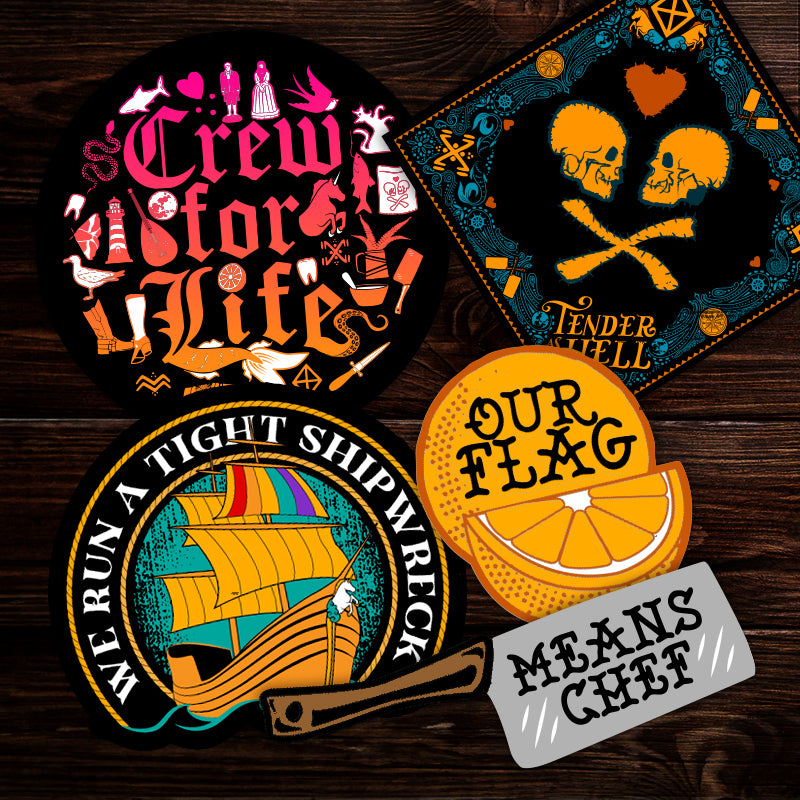 A collection of stickers inspired by the TV series Our Flag Means Death