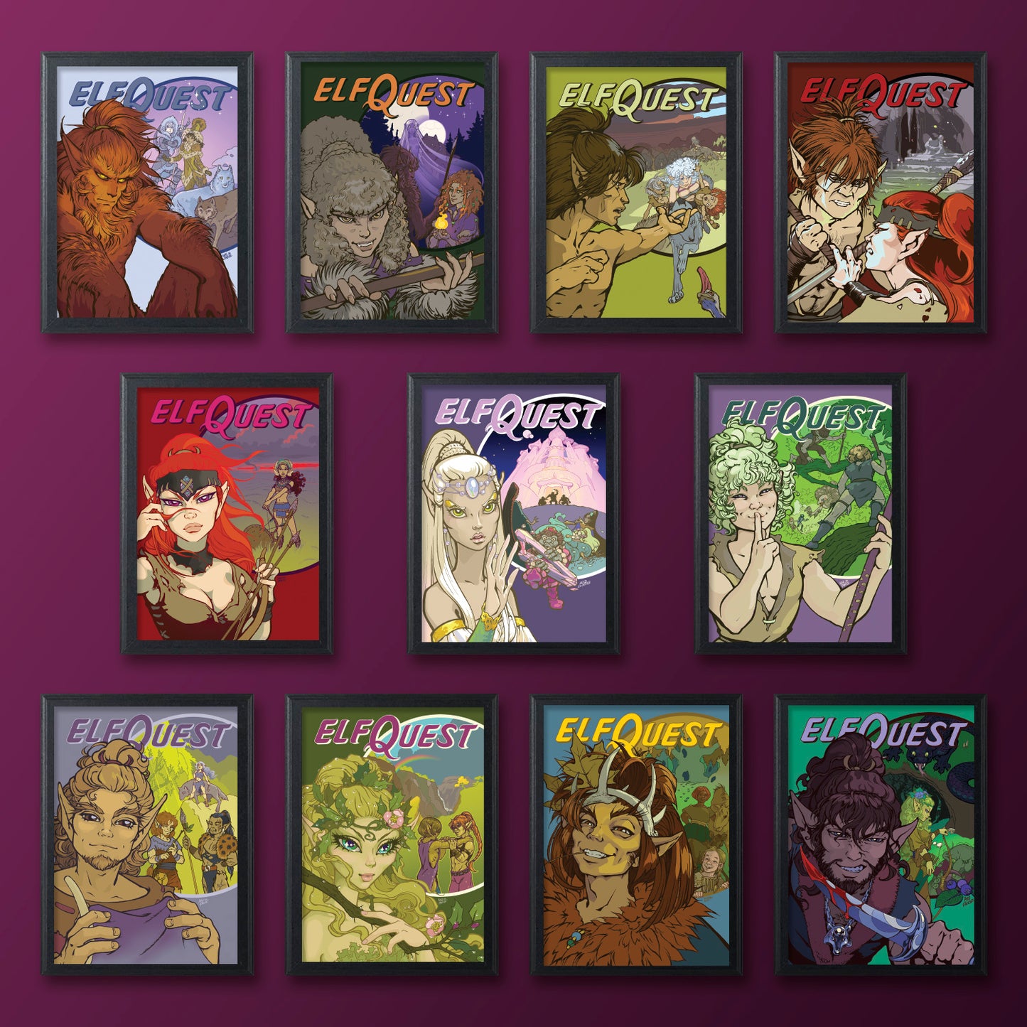 Collection of 'ElfQuest' themed artwork displayed on a purple background