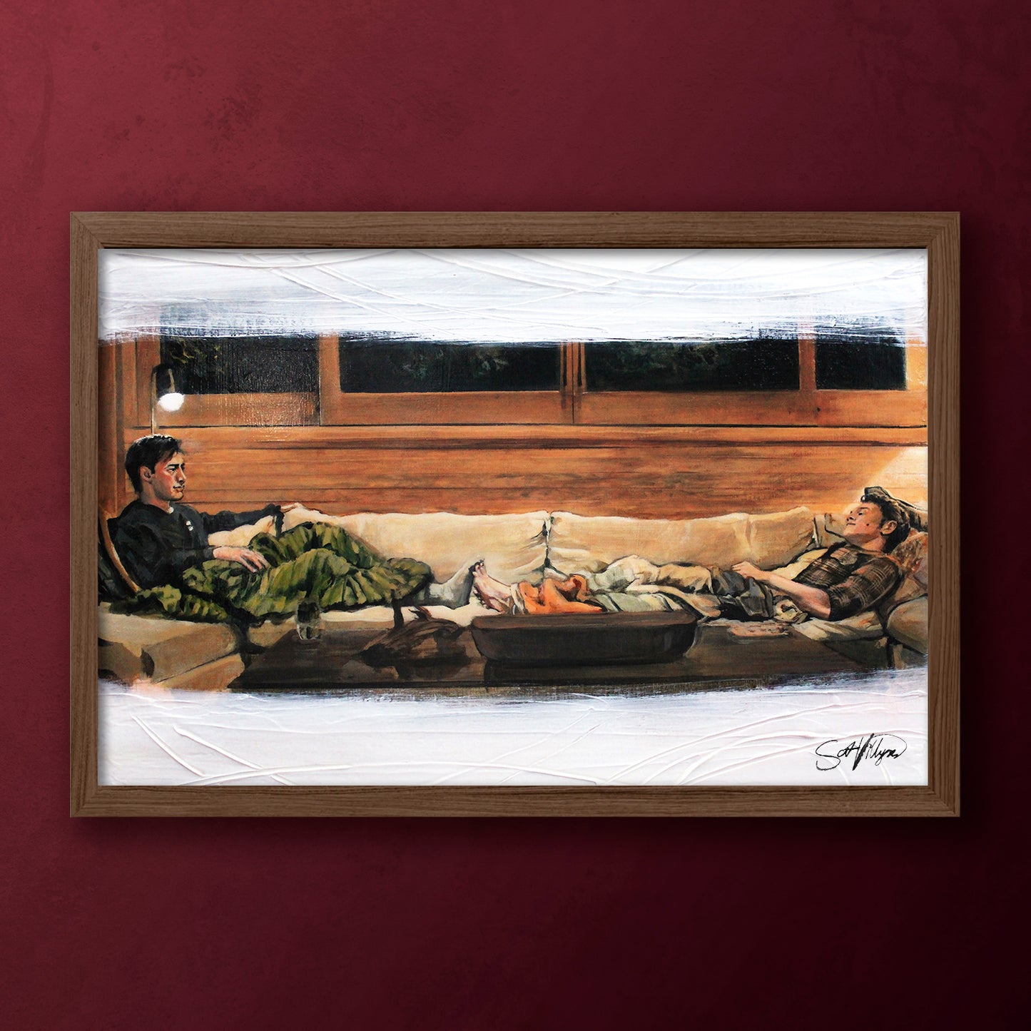A framed artwork of Shane and Ilya from Heated Rivalry sitting on a couch in a cottage. They are facing one another with their feet extended and they toes touching.