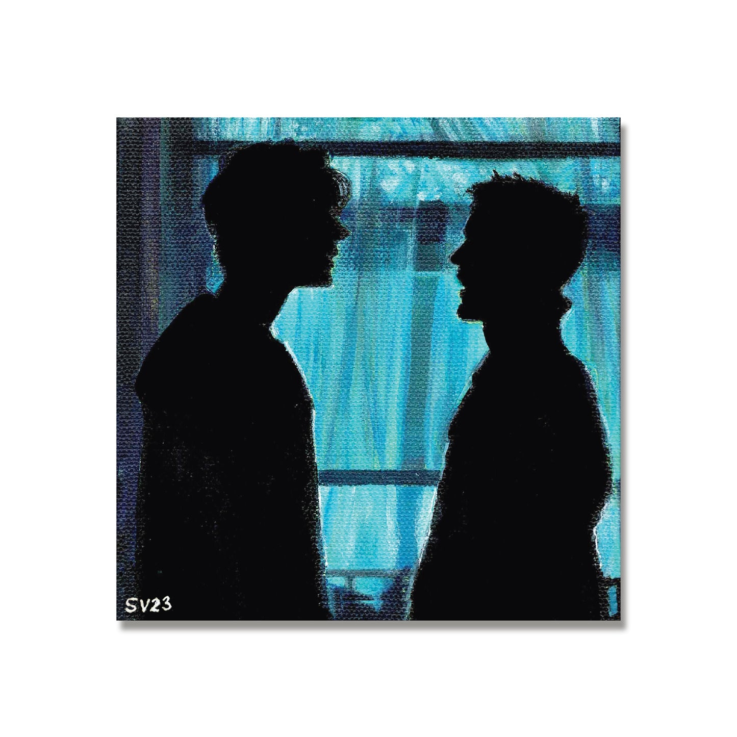 Load image into Gallery viewer, A painting against white background. The painting shows the silhouettes of Dam and Dean Winchester, facing each other in front of an open window.
