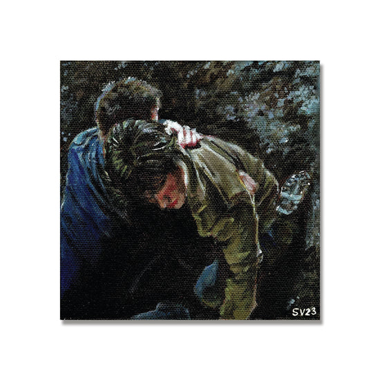 A painting against white background. The painting shows Sam and Dean Winchester embracing each other in a dark forest.