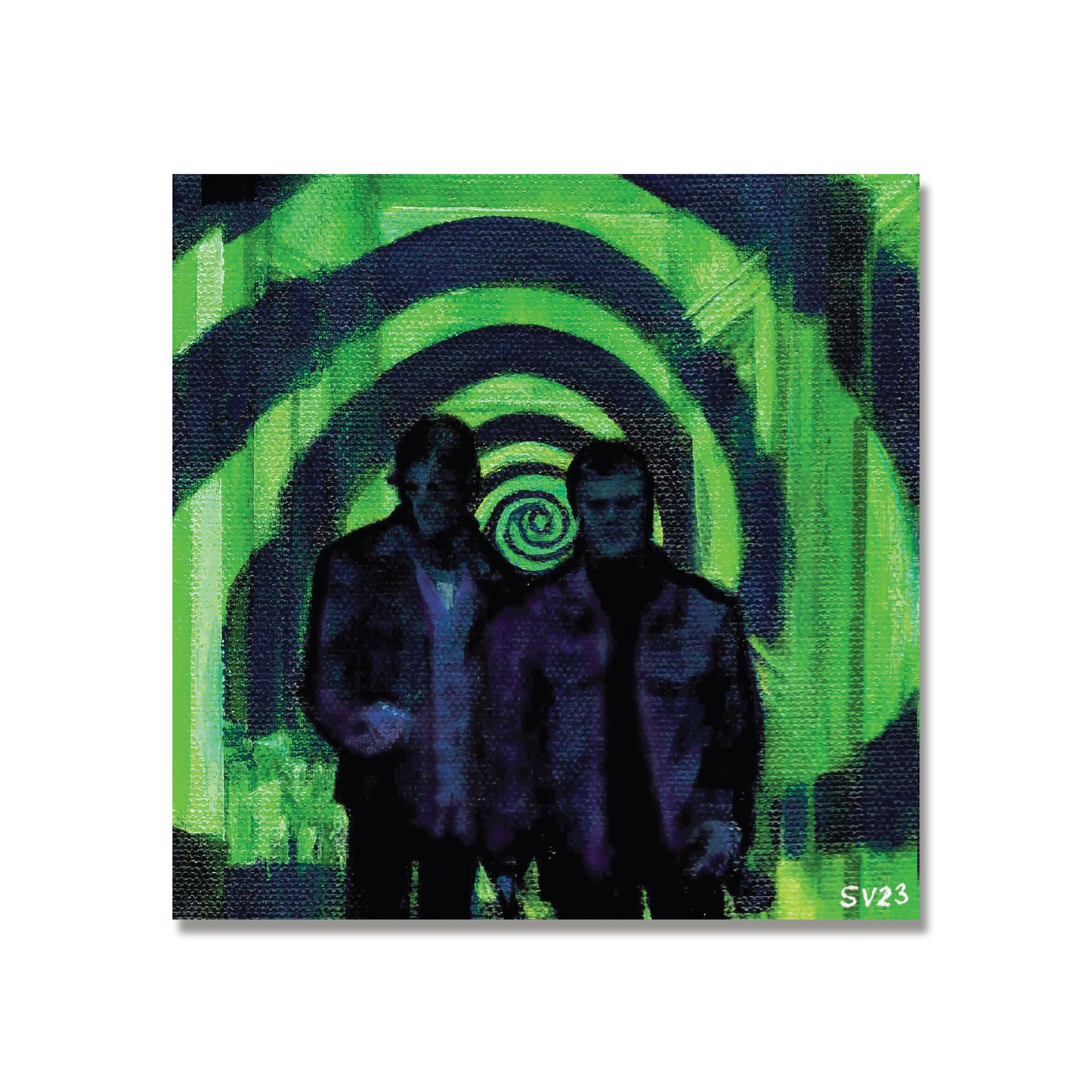 Load image into Gallery viewer, A painting against white background. The painting shows Sam and Dean Winchester against a green and black spiral from The Mystery Spot.
