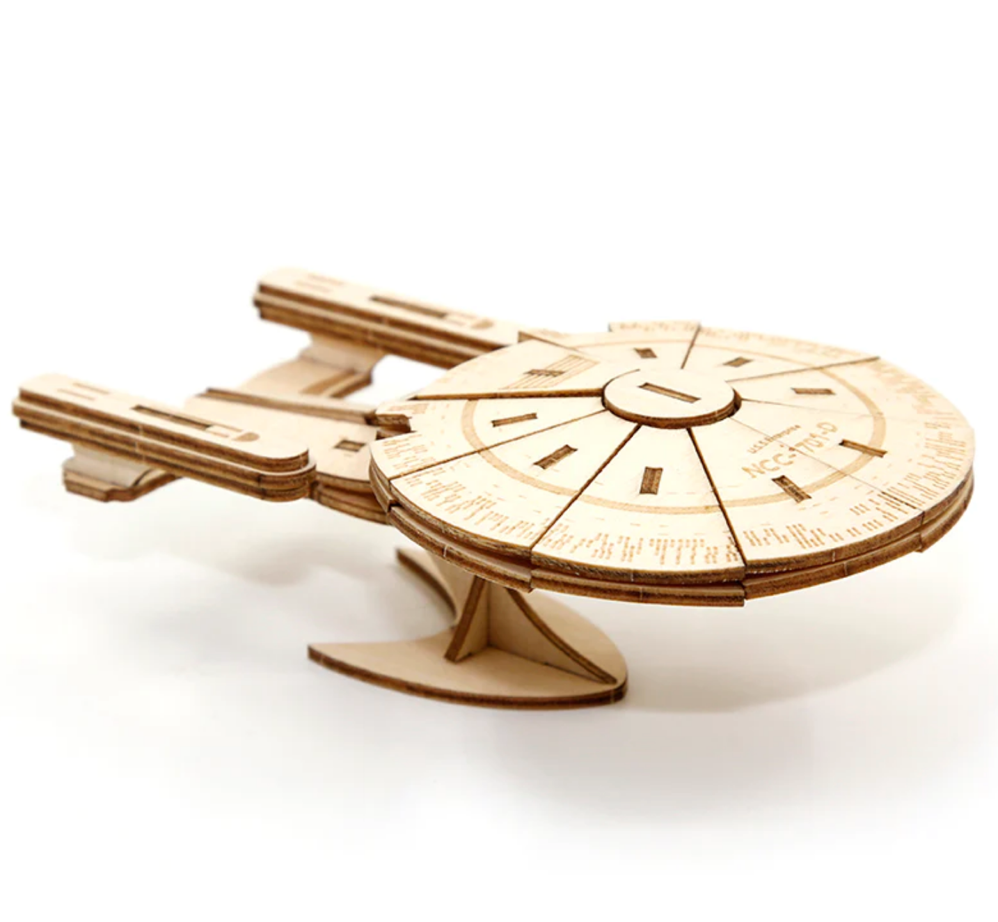 A wooden model of the USS Enterprise from Star Trek The Next Generation.