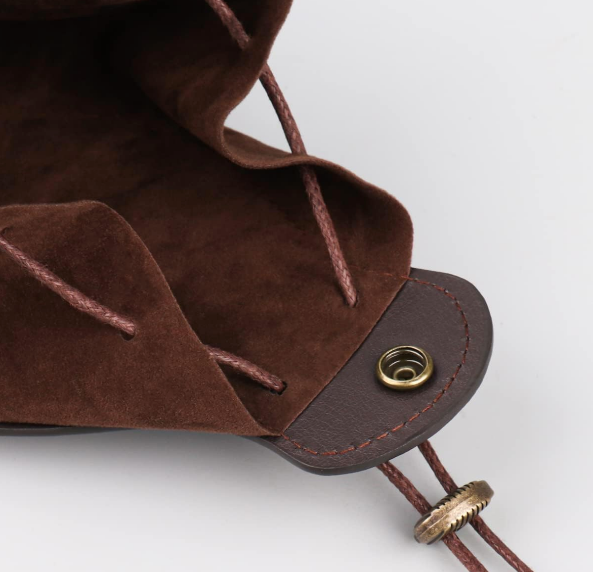 Close of view of a brown leather pouch on a white background, zoomed in to a brass button and drawstring used to close the bag.