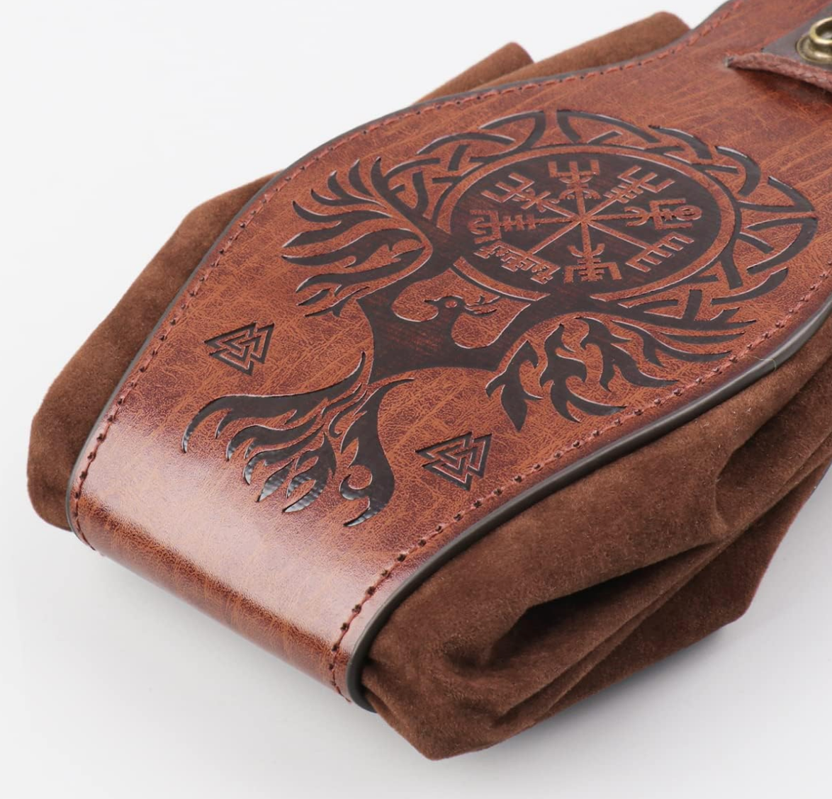 Close up of a brown faux leather pouch on a white background. The front of the bag has a Norse compass etched in black, with a phoenix at the bottom.