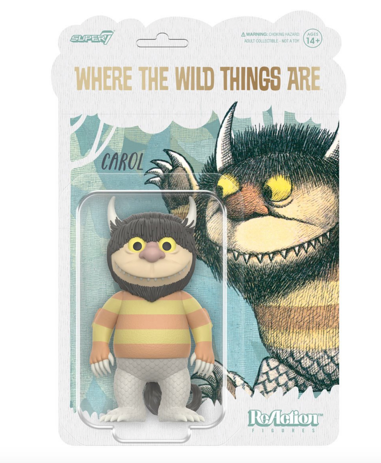 A cardboard package containing a small figurine. The figurine depicts the character Carol from Where The Wild Things Are.