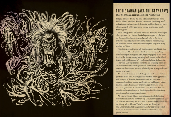 Load image into Gallery viewer, A black drawing of The Librarian ghost from the movie Ghostbusters.  On the right is black text saying &amp;quot;The Librarian (AKA The Gray Lady), and a description of the monster underneath.
