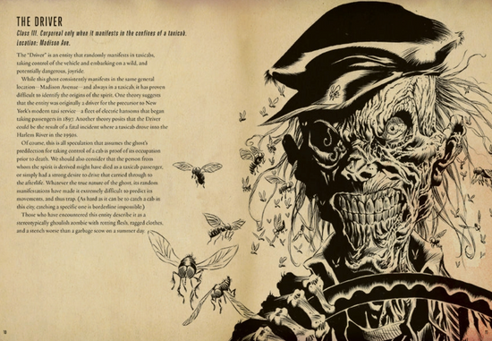 A black drawing of The Driver ghost from the movie Ghostbusters.  On the left is a description of the monster in black text.