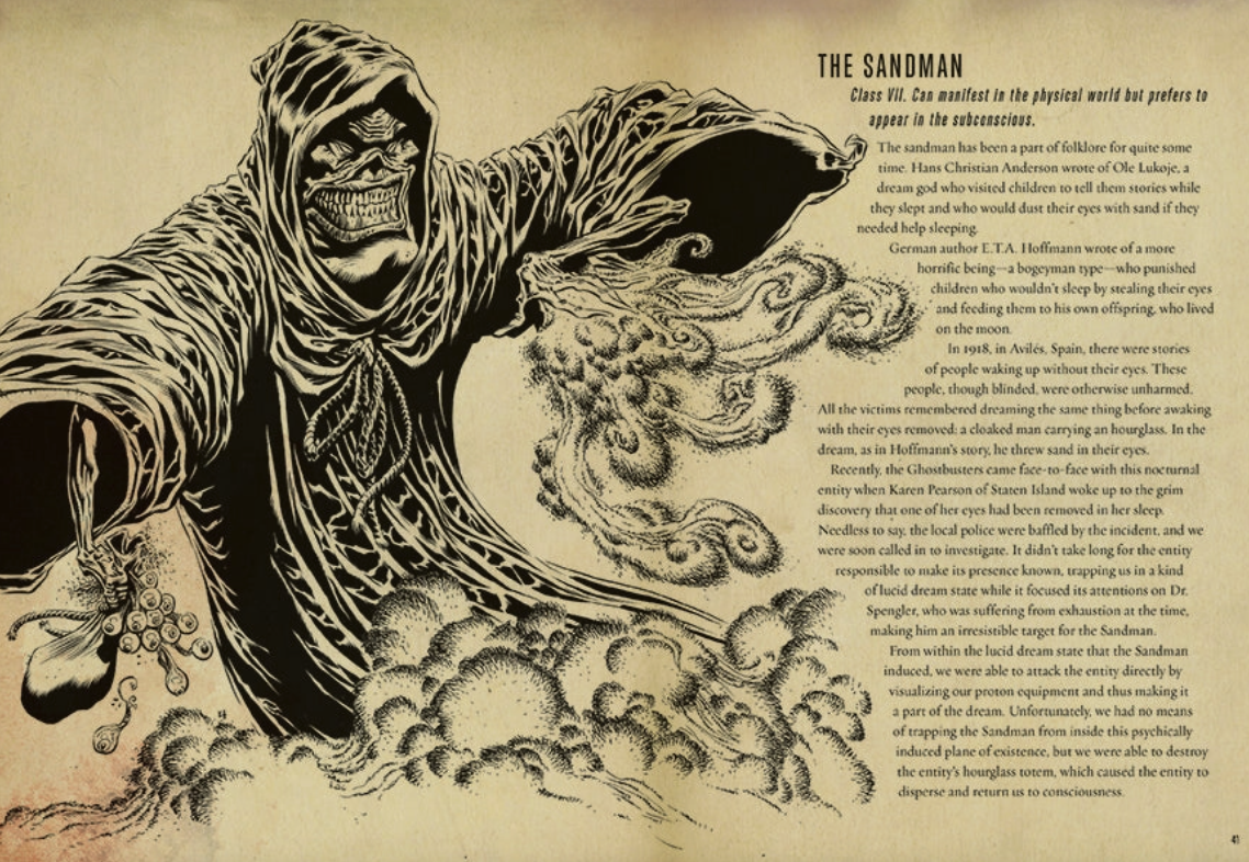 A black drawing of a hooded ghost creature. On the right is the creature's name, The Sandman, and a description of the monster, in black text.