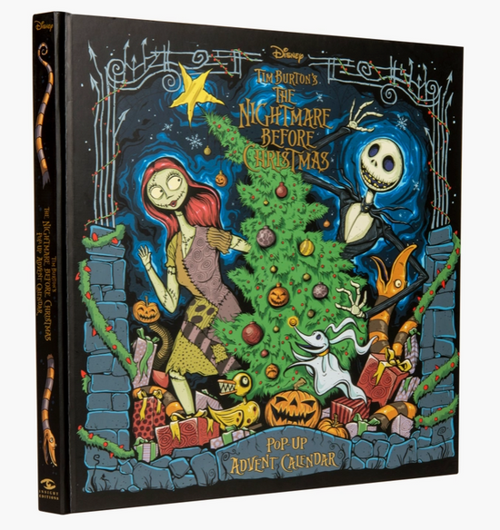 An image of Nightmare Before Christmas characters decorating a tree with ornaments. The title “Tim Burton’s Nightmare Before Christmas Pop-Up Advent Calendar” is written in stylized yellow text