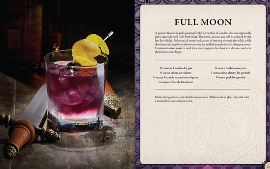 A highball glass on a table, containing with a purple liquid, garnished with lemon. Next to the glass is a dagger. On the other side of the image is a Full Moon cocktail recipe.