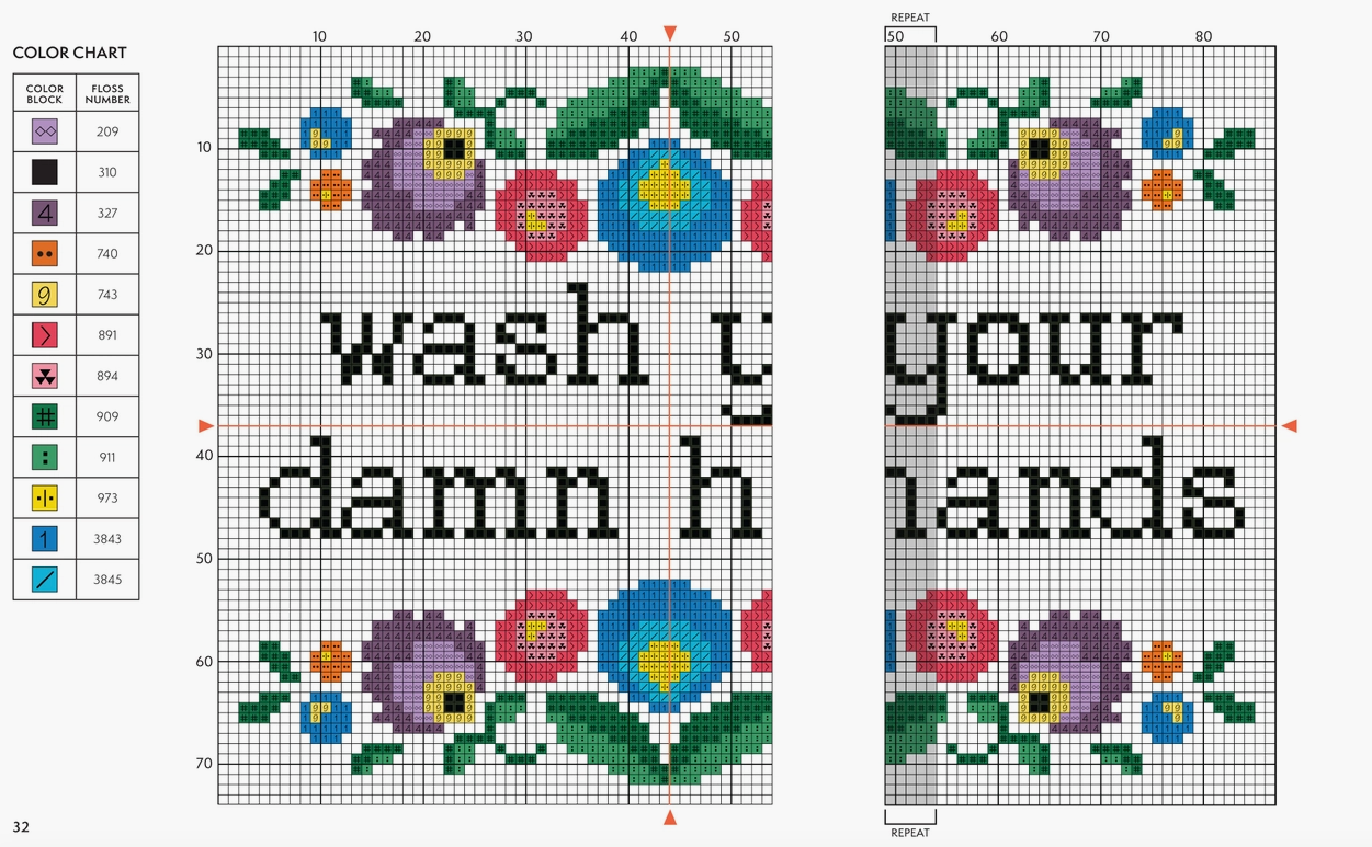 An example of a cross-stich project. The top and bottom are bordered with flower patterns. In the center is black text saying "wash your damn hands." On the left is a color chart for the project.