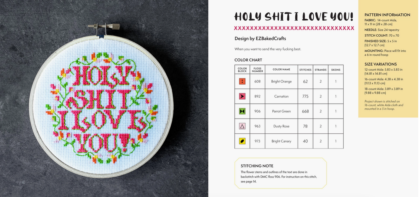 A round cross-stich project with red text saying "holy shit I love you" surrounded by a flowery border. Next to that is a color chart and pattern information for the project.