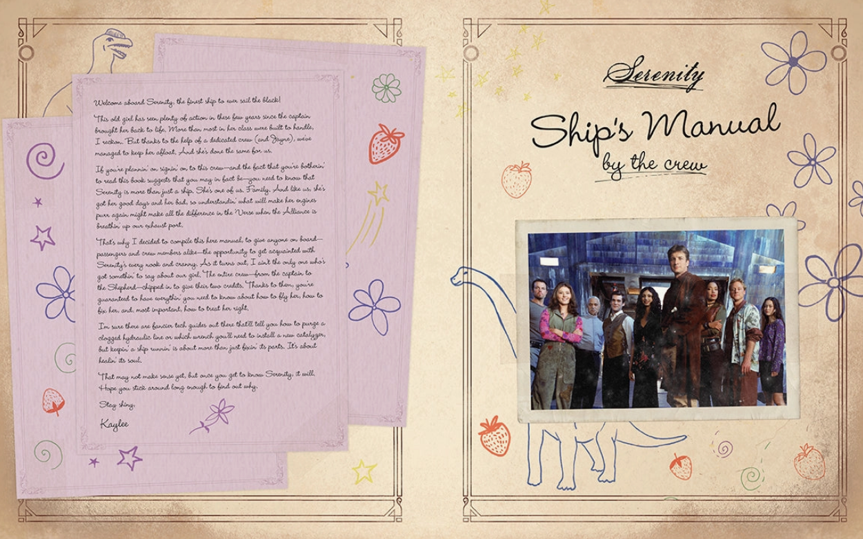 Load image into Gallery viewer, Side-by-side images of two pages from The Serenity Handbook. On the left is a hand-written introduction note from the “Firefly” character Kaylee. On the right is a picture of Serenity’s crew, under a title saying “Ship’s Manual.”
